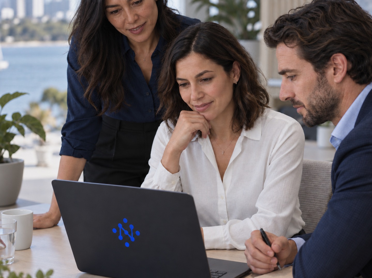 Consulting leaders reviewing firm performance insights together in a bright office.